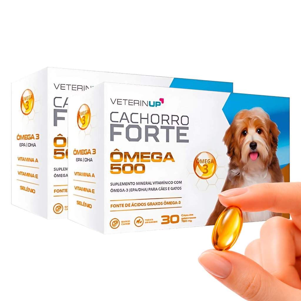 Kit 2 Caixas Suplemento Cachorro Forte Ômega 500 - Cães e Gatos com Ômega 3, EPA, DHA, Vitaminas e Selênio
