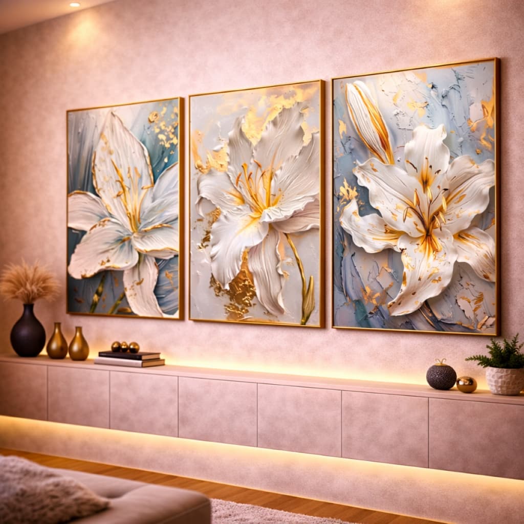 Quadro Decorativo Flor Lírio Branco Luxo Moderno Hall 3 Peças