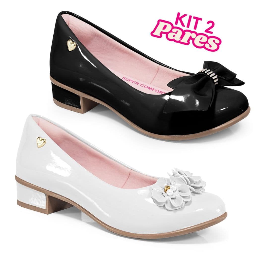 Kit Infantil Menina 2 Pares Sapatilha Saltinho Confortável Laço Casual Festa Branca Preta Nude