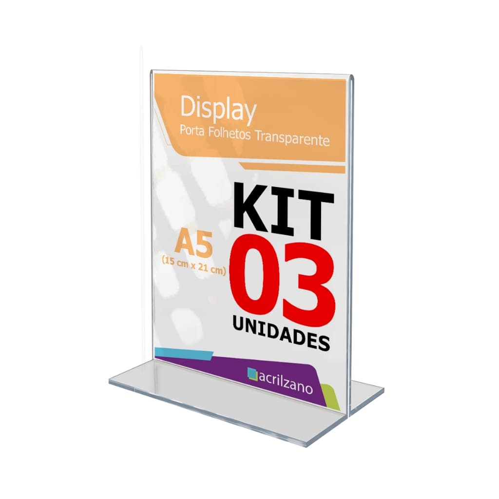 Display A5 15x21 para Menu de Restaurante em Acrílico Cristal Tipo T – Kit com 3 Unidades