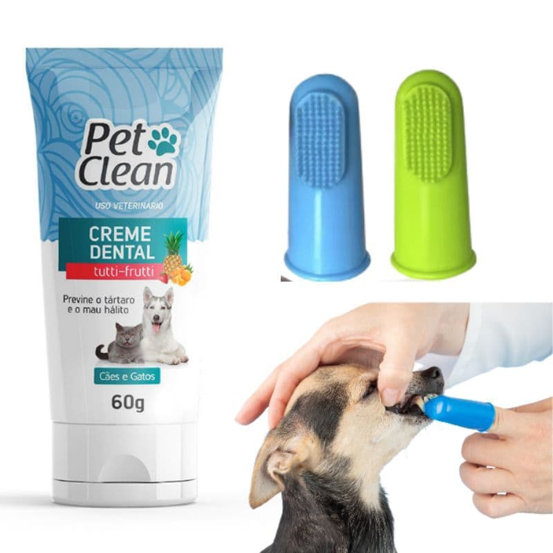 Kit Higiene Dental Pet Cães e Gatos Pasta de Dente Pet Clean 60g + Escova Dedeira Silicone Anti Tártaro Mau Hálito