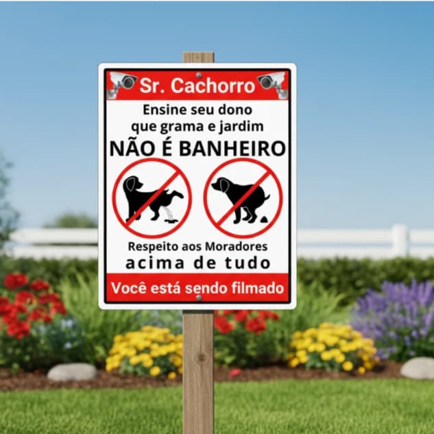 1 Placa Sinalização Ambiente Advertencia Animais Cachorro Coco e Xixi Grama e Jardim Filmando