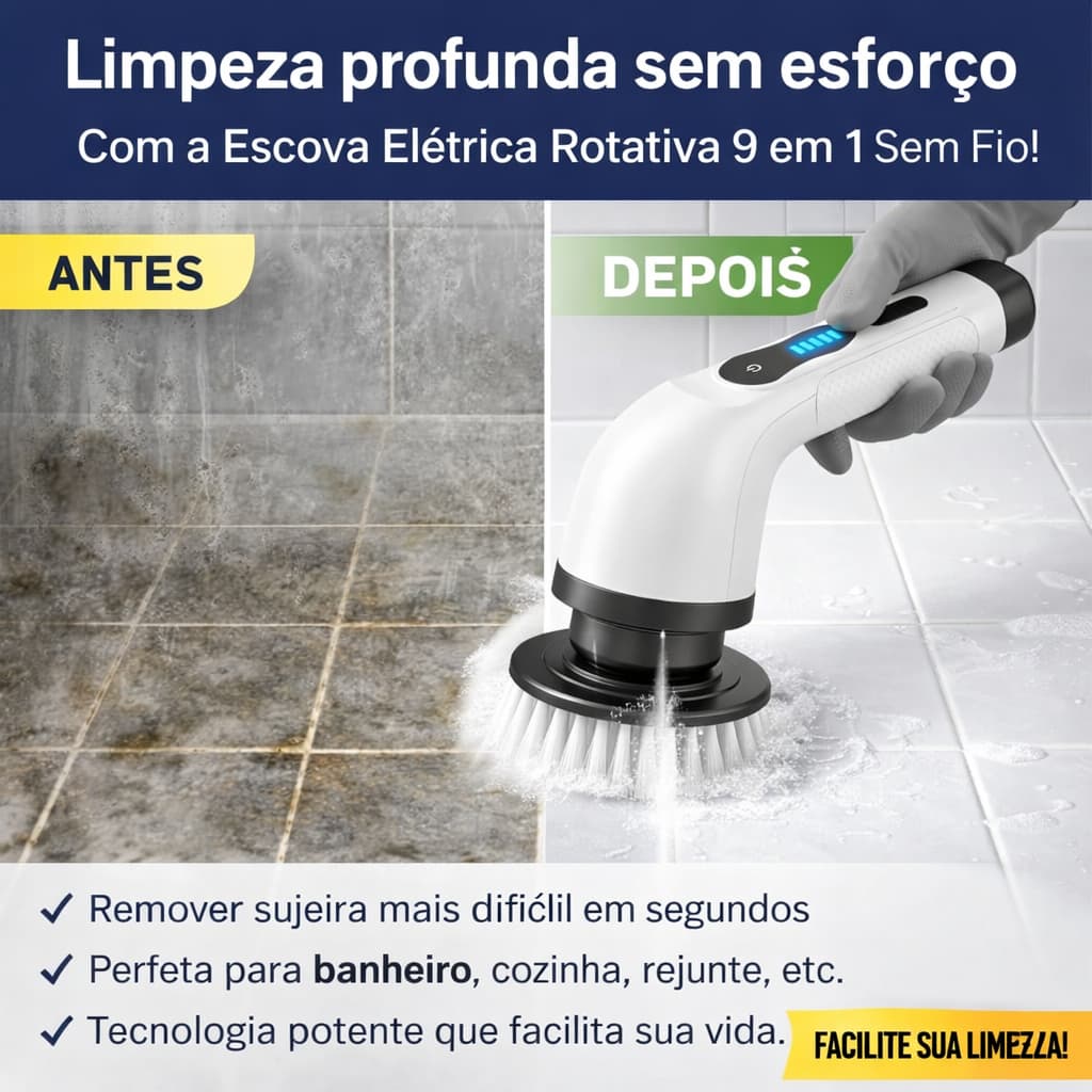 Escova Elétrica Multifuncional 9 Em 1 Limpeza Pesada Janela, Banheiro, Cozinha Ajustável Sem Esforço Recarregável