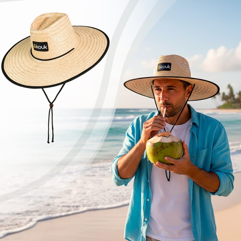 Kit 04 Chapéu de Sol Palha Natural Moda Verão Praia Surf Com Cordão Ajustável Proteção UV Unissex