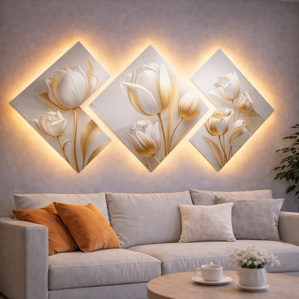 Quadros Decorativos Floral Branco E Dourado Mosaico Geométrico