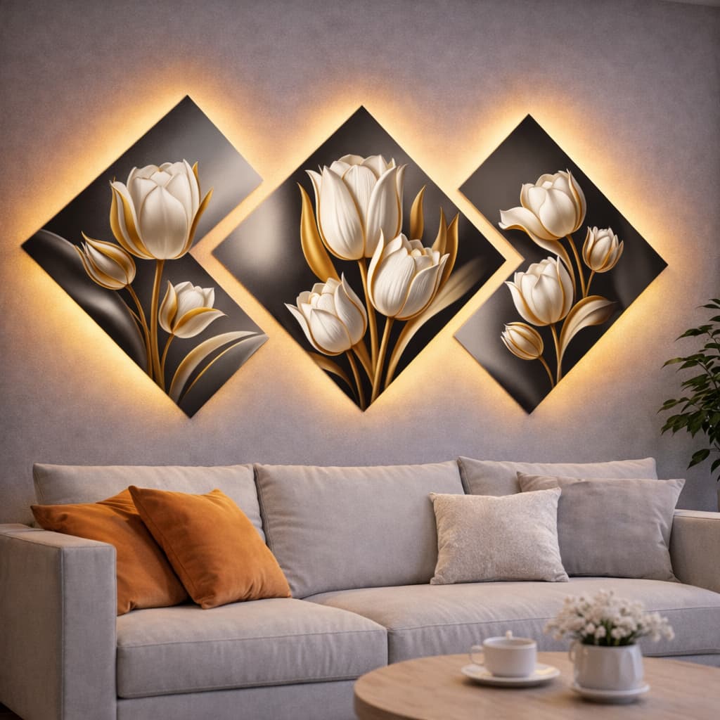 Quadros Decorativos Floral Tulipas Dourada Com Preto Mosaico Geométrico