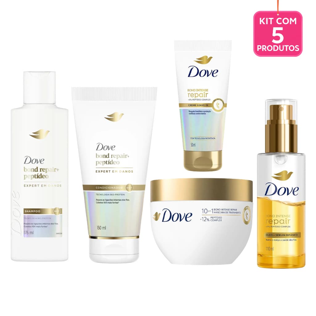 Kit Dove Bond Repair - Shampoo 175ml + Cond 150ml + Leave-in + Máscara + Óleo Bifásico (5 Produtos)