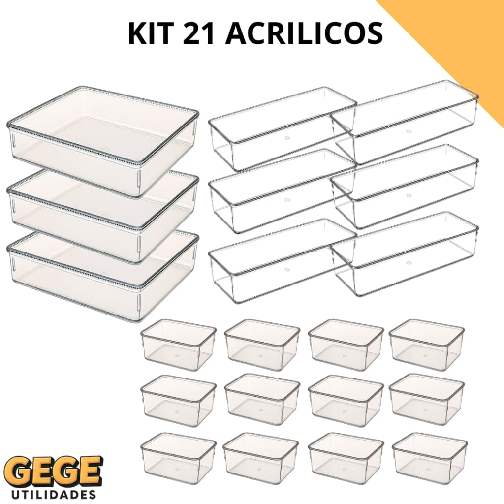 Kit 21 Organizadoras em Acrílico Transparente Multiuso para Casa e Escritório