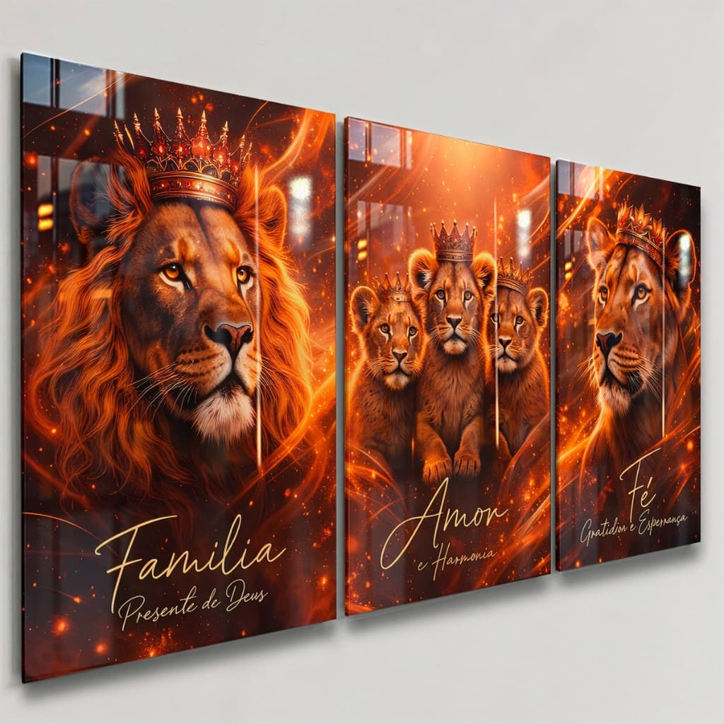 Quadros Decorativos 3 Peças Família de Leão 3 Filhotes Coroa Luz Casa Sala Quarto Decoração Parede