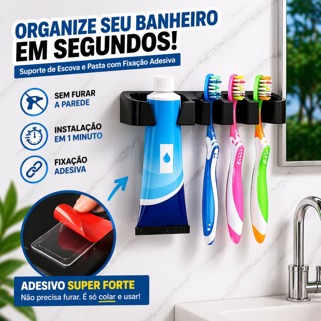 Suporte Escova de Dente e Pasta Sem Furo Organizador Banheiro Parede Adesivo Porta Escovas