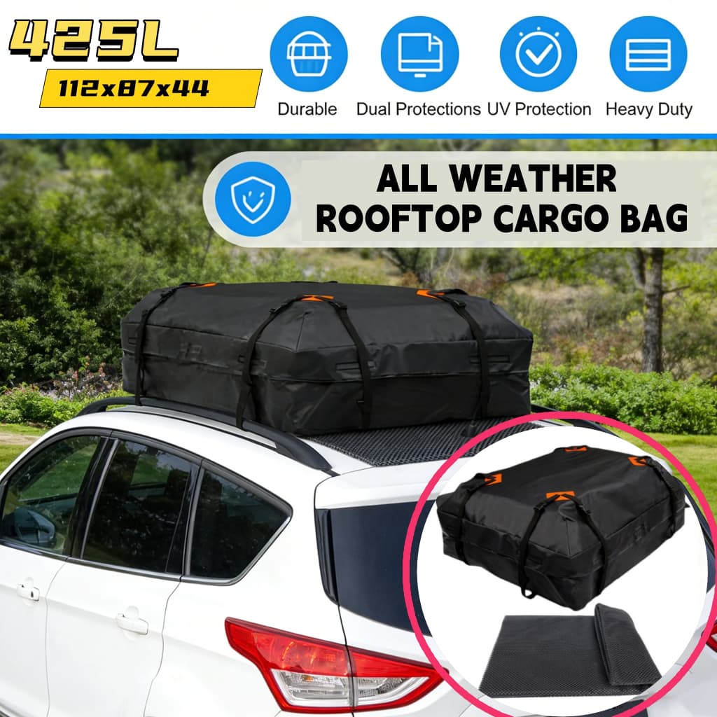 Bagageiro Dobrável Maleiro Teto Carro 420 L + Cintas de Amarrar Carga Universal+Tapete antiderrapante