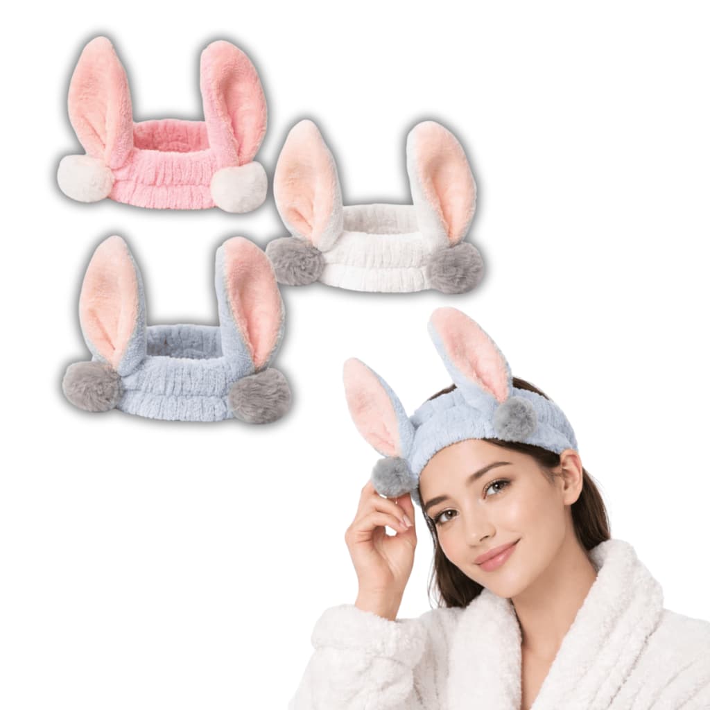 Faixa de Cabelo de Pelúcia com Orelhas de Coelho Tiara Skincare Maquiagem Macia