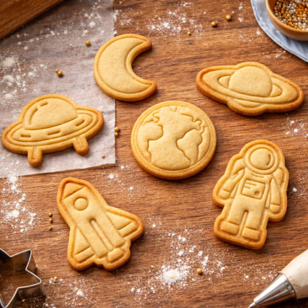 Kit 6 Cortadores de Biscoito Marcador Molde Universo Astronauta Planeta Lua Foguete Carimbo Massa