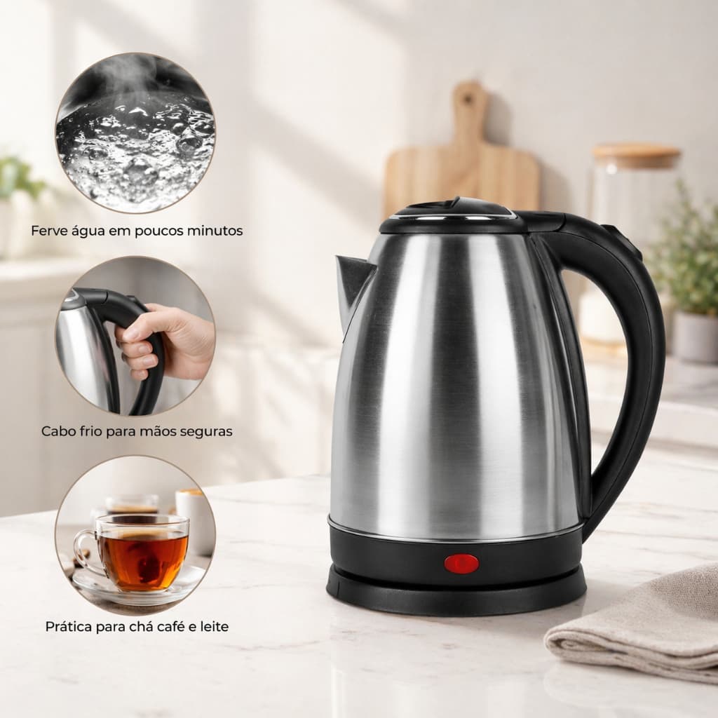 Chaleira Elétrica Inox Base 360 Desligamento Automático Chá Café Bebidas Quentes Cozinha Achadinhos