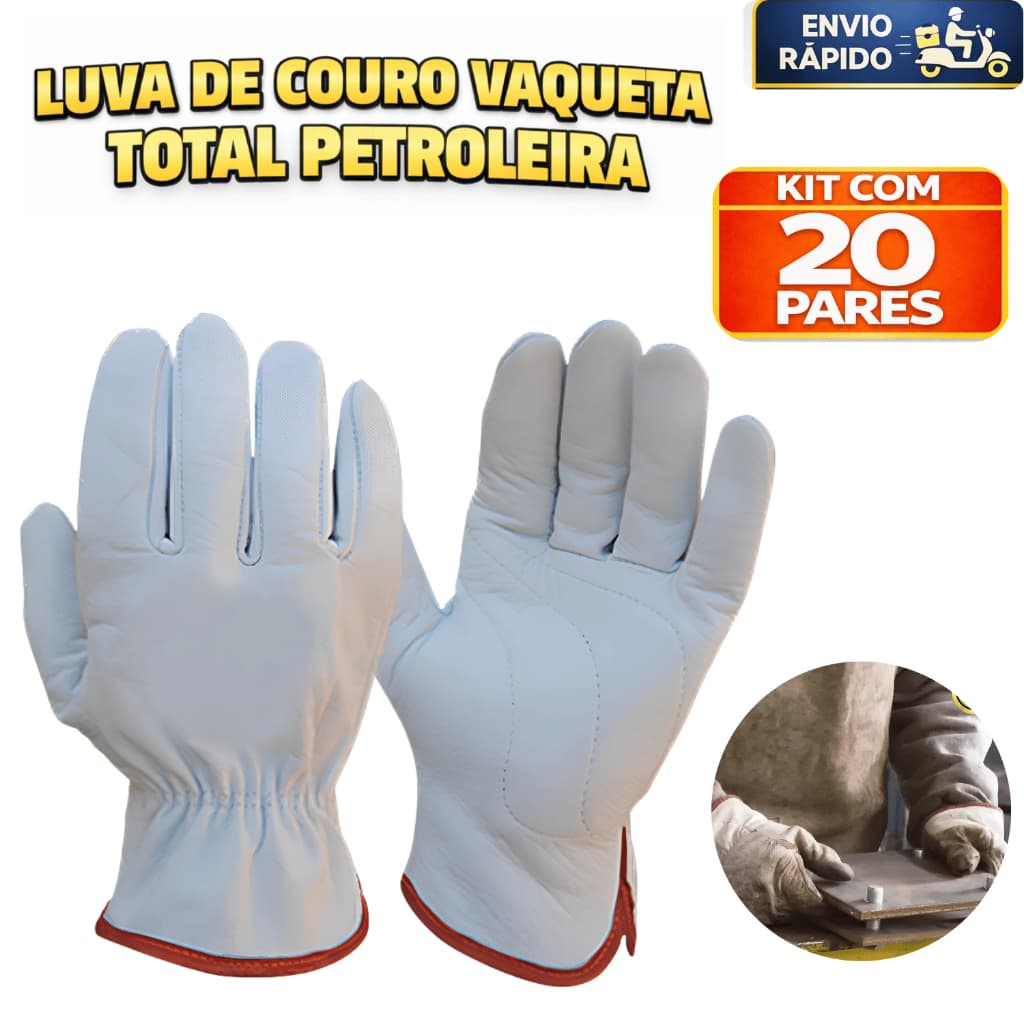 20 Pares Luva Segurança Couro Vaqueta Total Petroleira Couro Reforço Proteção EPI Resistência Pesado