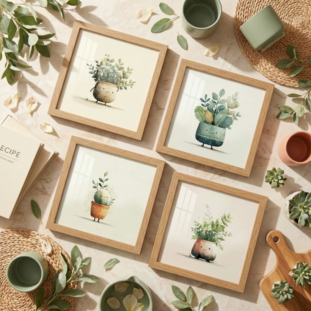 Kit 4 Quadros Decorativos 18x18 Plantas Vasos Fofos Minimalista Divertido Moldura Vidro Sala Quarto