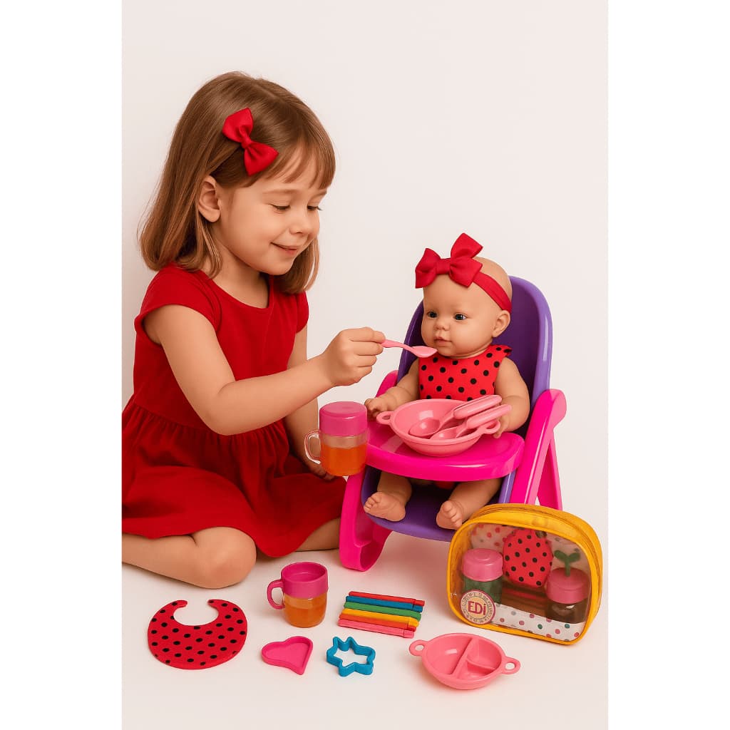 Cadeira Papinha Rosa Boneca Reborn pequena Vinil Kit Alimentação Brinquedo Infantil Massinha Fralda