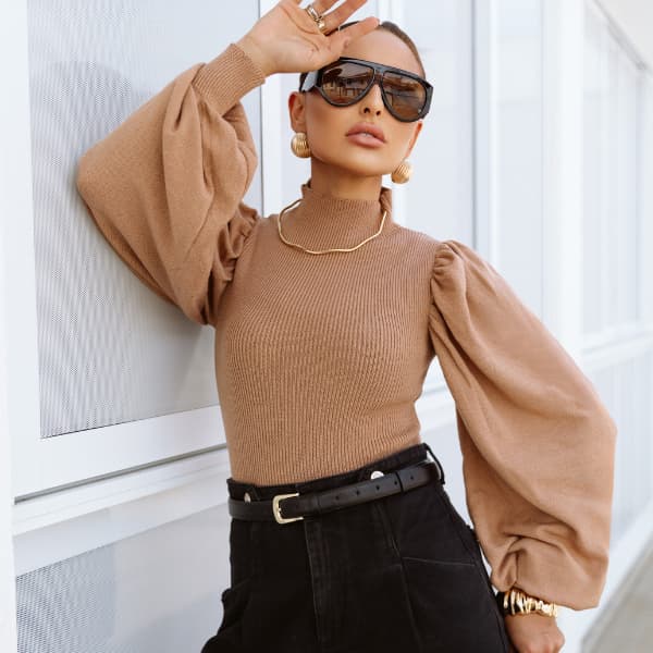 Blusa Feminina Modal Tricot Premium Gola Alta Manga Bufante Elegante