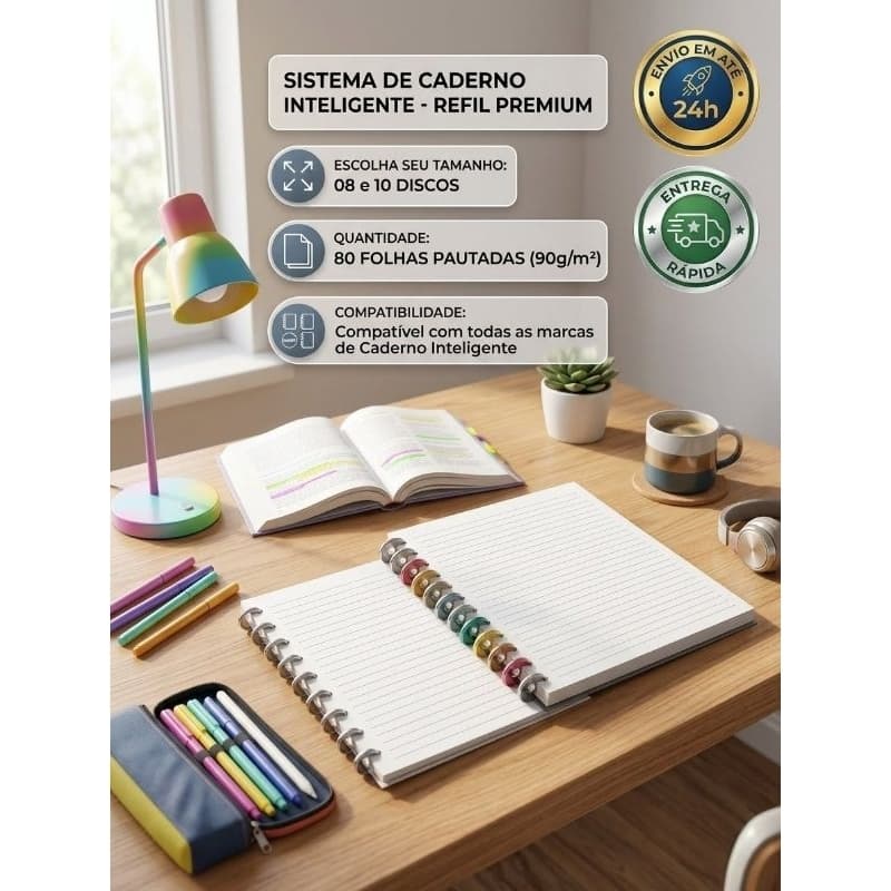 Refil Caderno Inteligente 80 Folhas Pautadas 90g / Folhas para 08 e 10 Discos