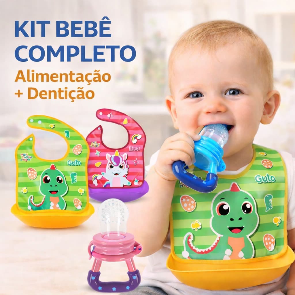 Kit Bebê Babador Silicone com Coletor + Mordedor Silicone Alimentação Infantil Dentição