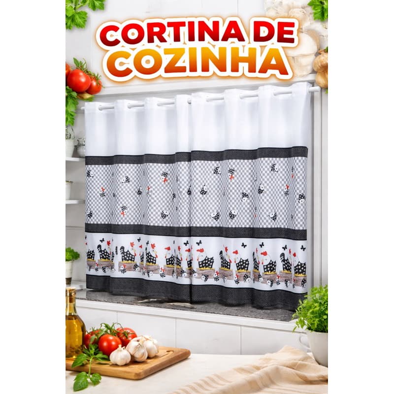 Cortina de Cozinha Copa Estampada 2,00 x 1,50 Oxford Com Ilhos Casa Apartamento Decoraçao