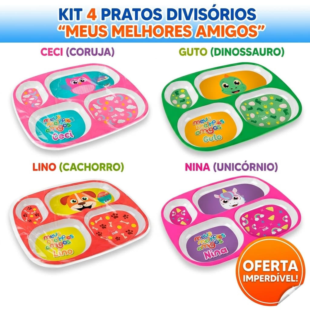 Prato Raso Divisórias Tigela Bowl Squeeze Refeição Alimentação Infantil Bebe Melamina