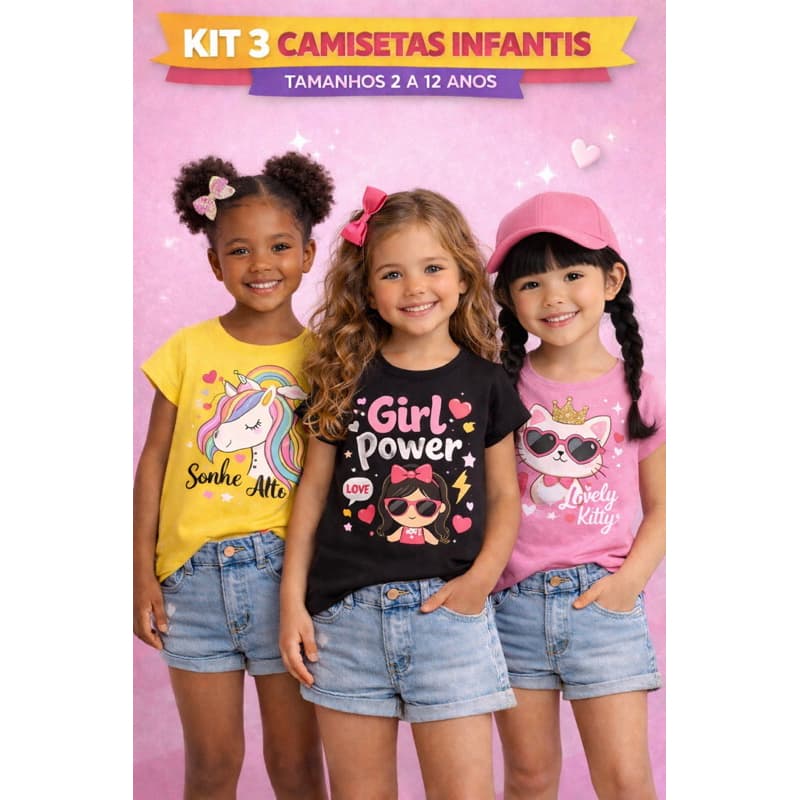 kit 3 camisetas infantil menina criança lindas promoção envio rápido