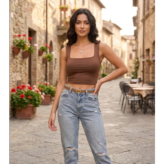 Cropped Feminino Regata Decote Reto Tecido Suplex Premium Básico Casual
