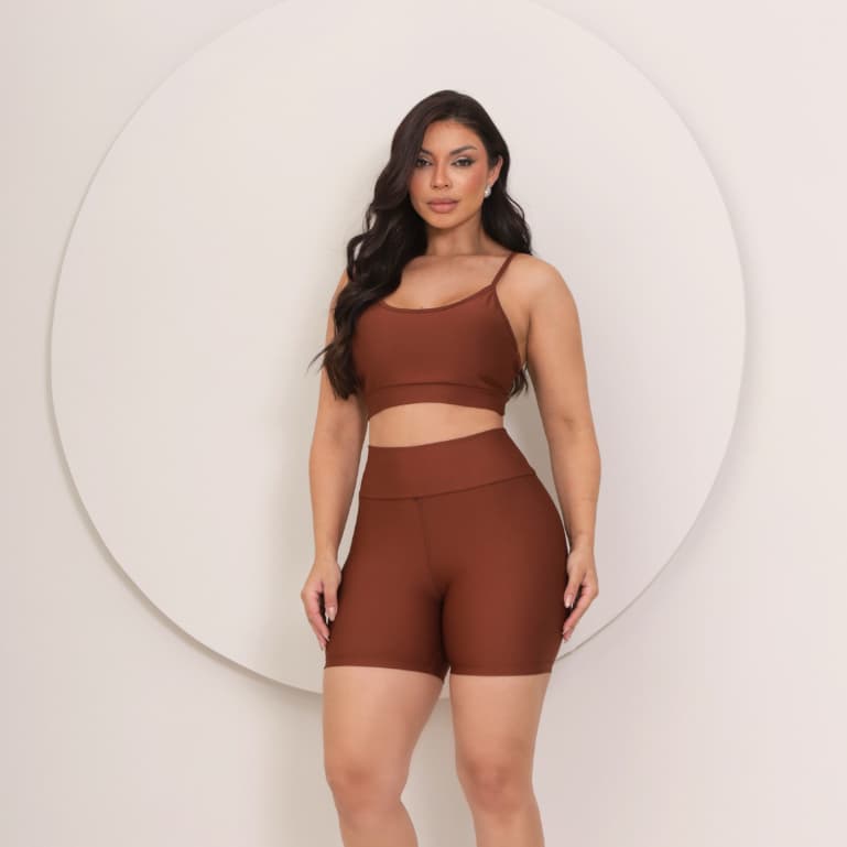 Conjunto Feminino Zero Transparência De Academia Na Cor Marrom Roupa Fitness Short E Top