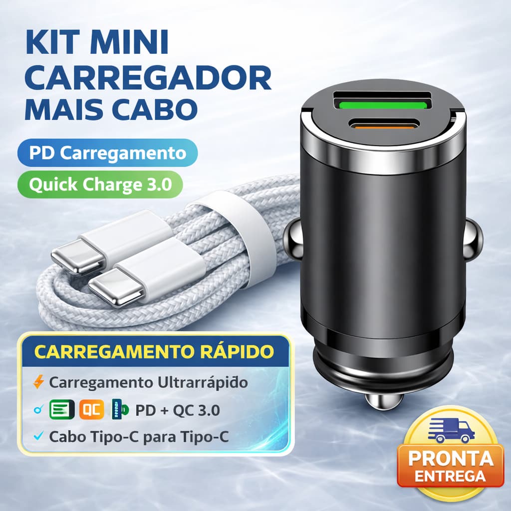 Kit Mini Carregador Veicular Turbo + Cabo Tipo-C Carregamento Rápido 1metro. Automotivo
