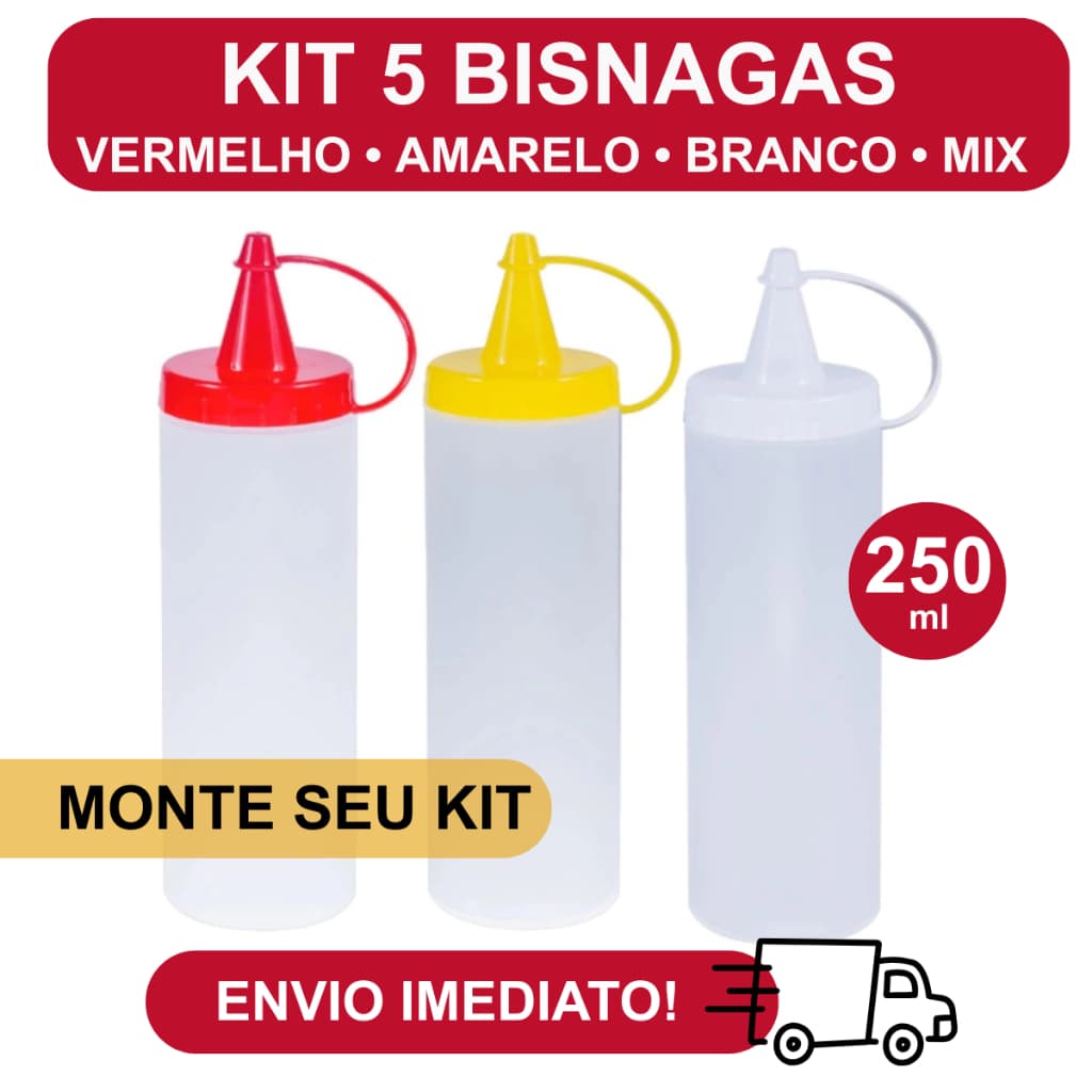 Kit 5 Bisnaga 250ml Maionese Ketchup Mostarda Molho Lanchonete, Bar, Food Truck