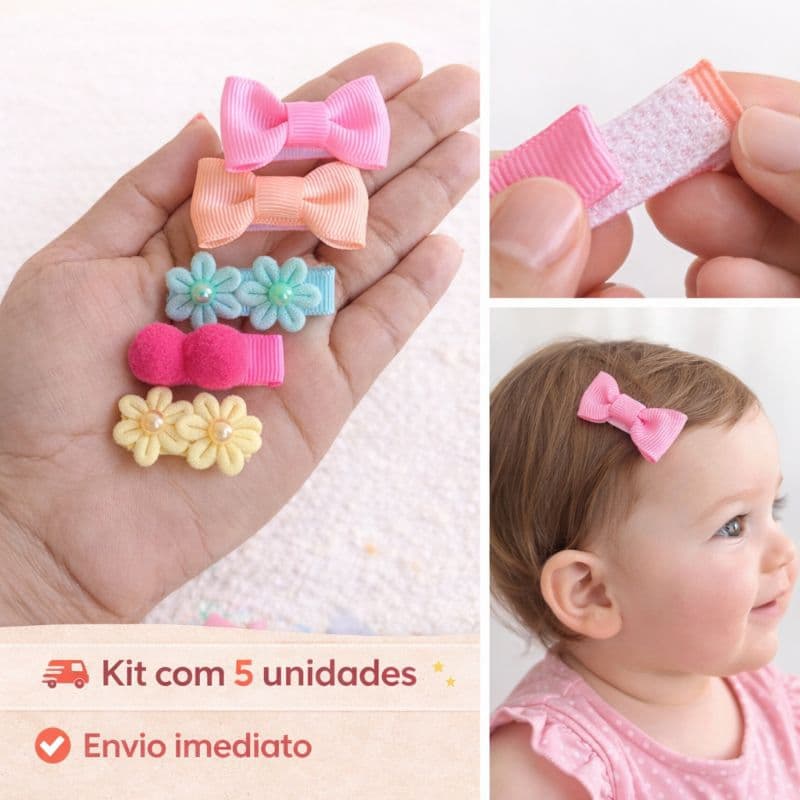 kit Lacinhos Bebê Velcro Florzinha Carrapicho Pouco Cabelo Confortável RN Carequinha Fixação leve