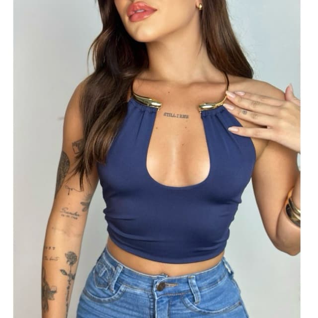 Top Cropped Feminino Decote V Argola no pescoço Suplex Poliamida Com amarração estilo Blusa Tendência inverno 2026 Moda