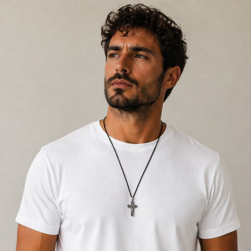 Colar Cordão com Crucifixo Medalha das Duas Cruzes São Bento – Prateado