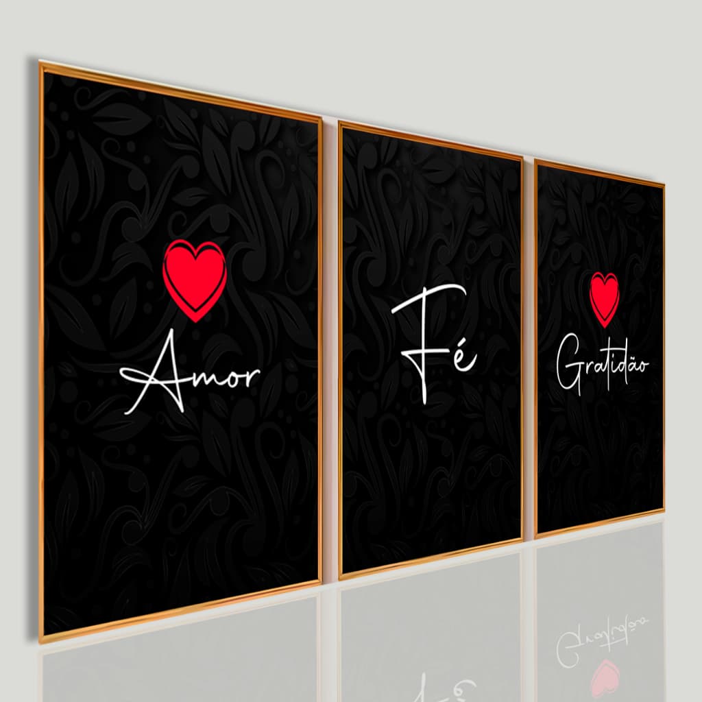 Kit 3 Quadros Decorativos Luxo Amor Fé Gratidão Coração Vermelho Sala Quarto Mosaico Premium