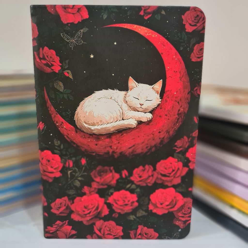 Caderno Gato Lua Vermelha – Capa Dura | 160 páginas | 21x14 papel polen amarelado 90g (ENVIO RAPIDO)