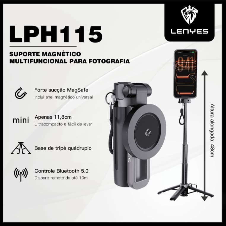 Pau de Selfie Multifuncional Magnético Retrátil Portátil com Base Estável de 4 Apoios - LENYES