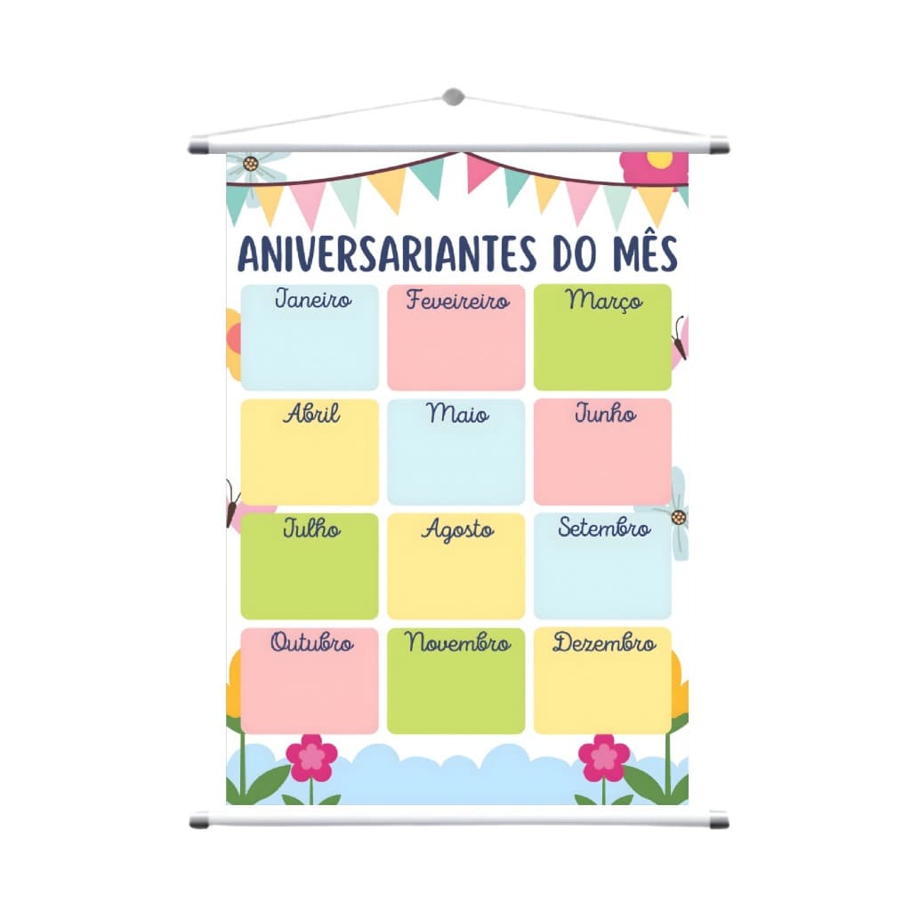 Aniversariantes do Mês Infantil | Painel Decorativo Escolar | Banner / Lona Educativo Colorido