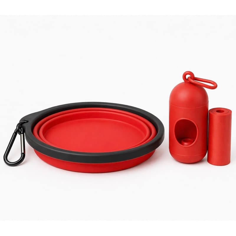 Kit passeio e viagem pet  comedouro dobrável e porta caca/ saquinho