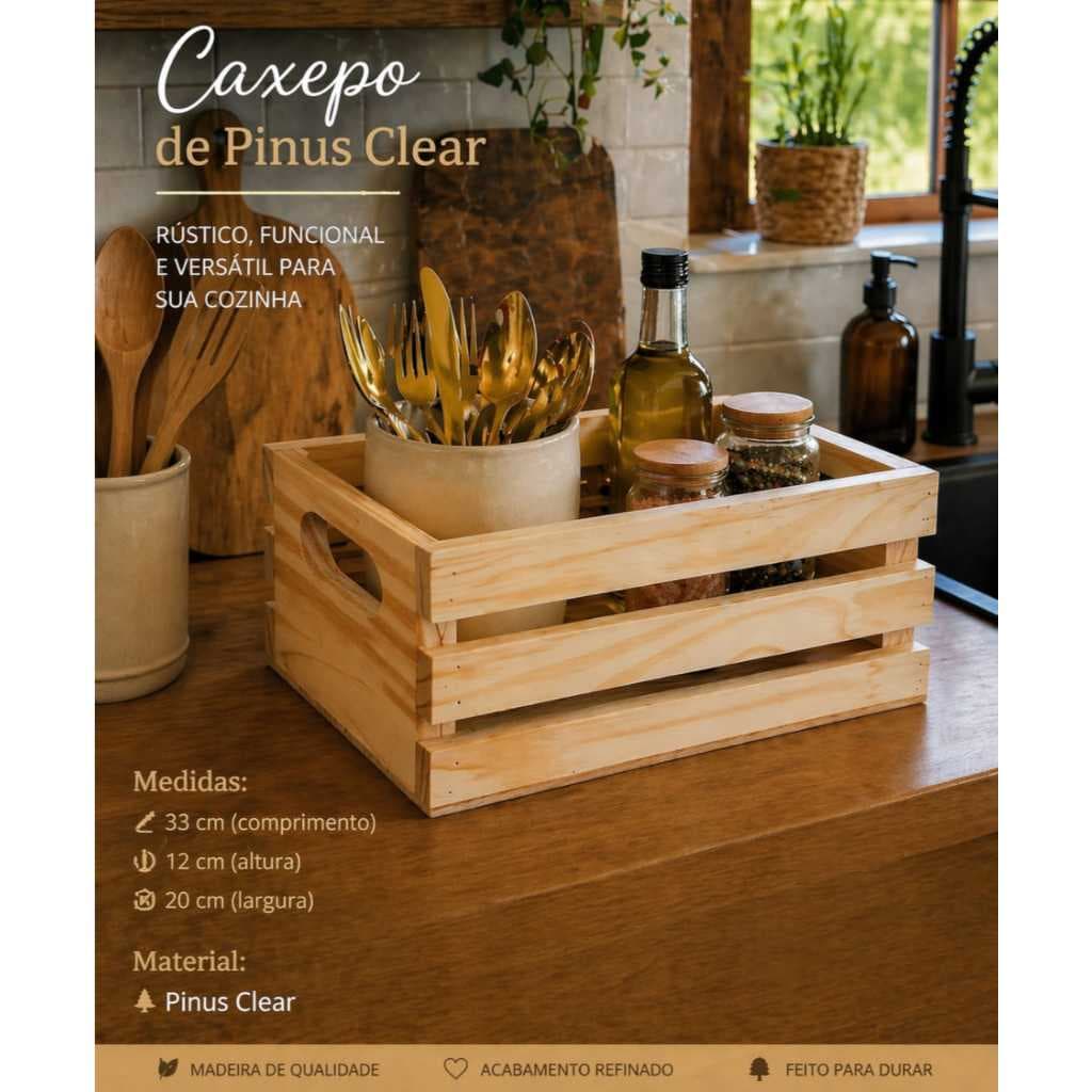 Caixa Organizadora em Madeira Pinus Multiuso - Caixote Rústico Premium (33x20x12cm)