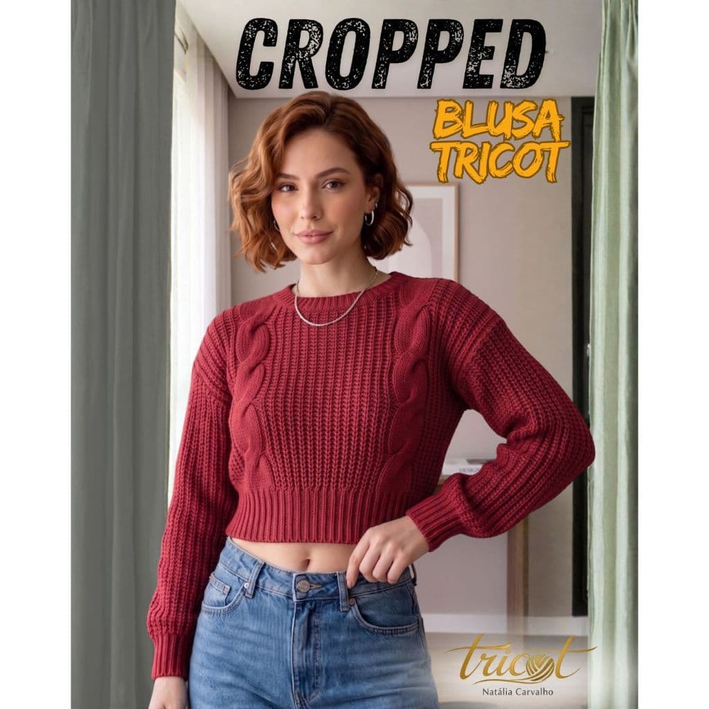 Cropped Blusa Feminina Trico Modal Trançado Manga Longa Tricot Gola Redonda Casual Ajustado Inverno