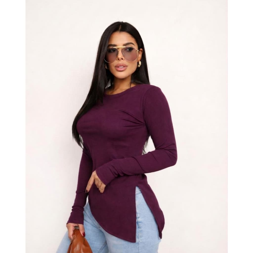 Blusa Canelada Feminina Manga Longa Assimétrica Elegante Chic