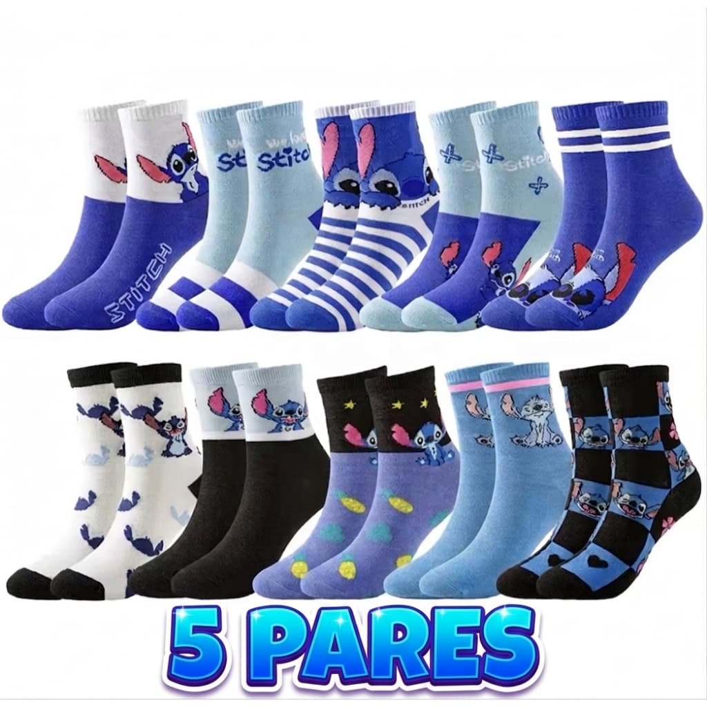 kit 5 Meias Stitch Algodão Estampada Cano Longo Divertida Esportiva Academia Confortável