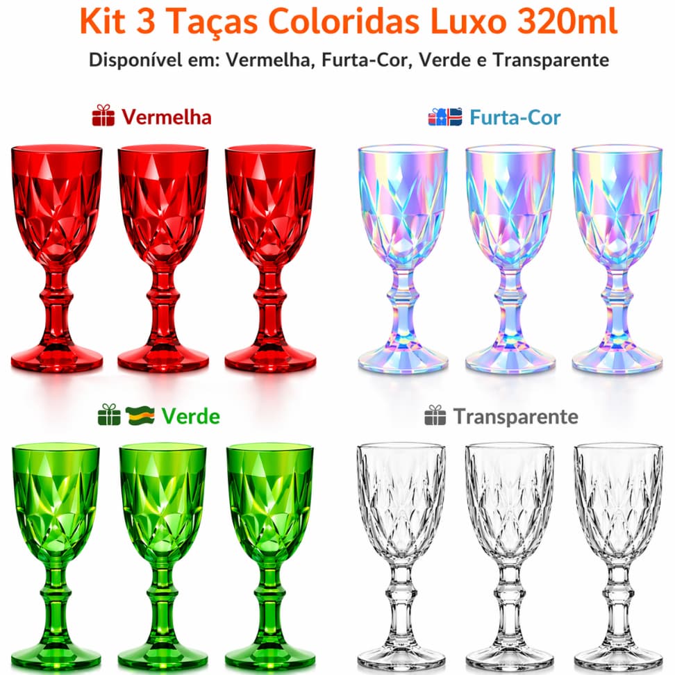 Jogo de Taças 320ml Kit 3 Peças Coloridas Vidro Água Vinho Bebidas