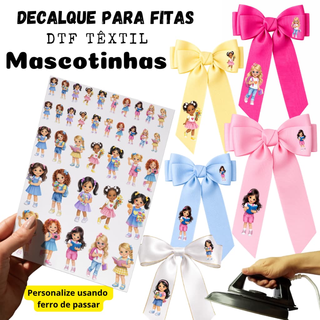 Mascotes DTF Têxtil personalizar Laços Aplique termocolante mascotinhas meninhas com ferro de passar