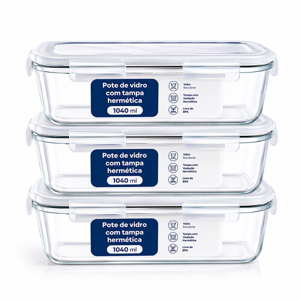 Kit 3 Potes Vidro Hermético 1040ml com Tampa Armazenamento Alimentos Marmita