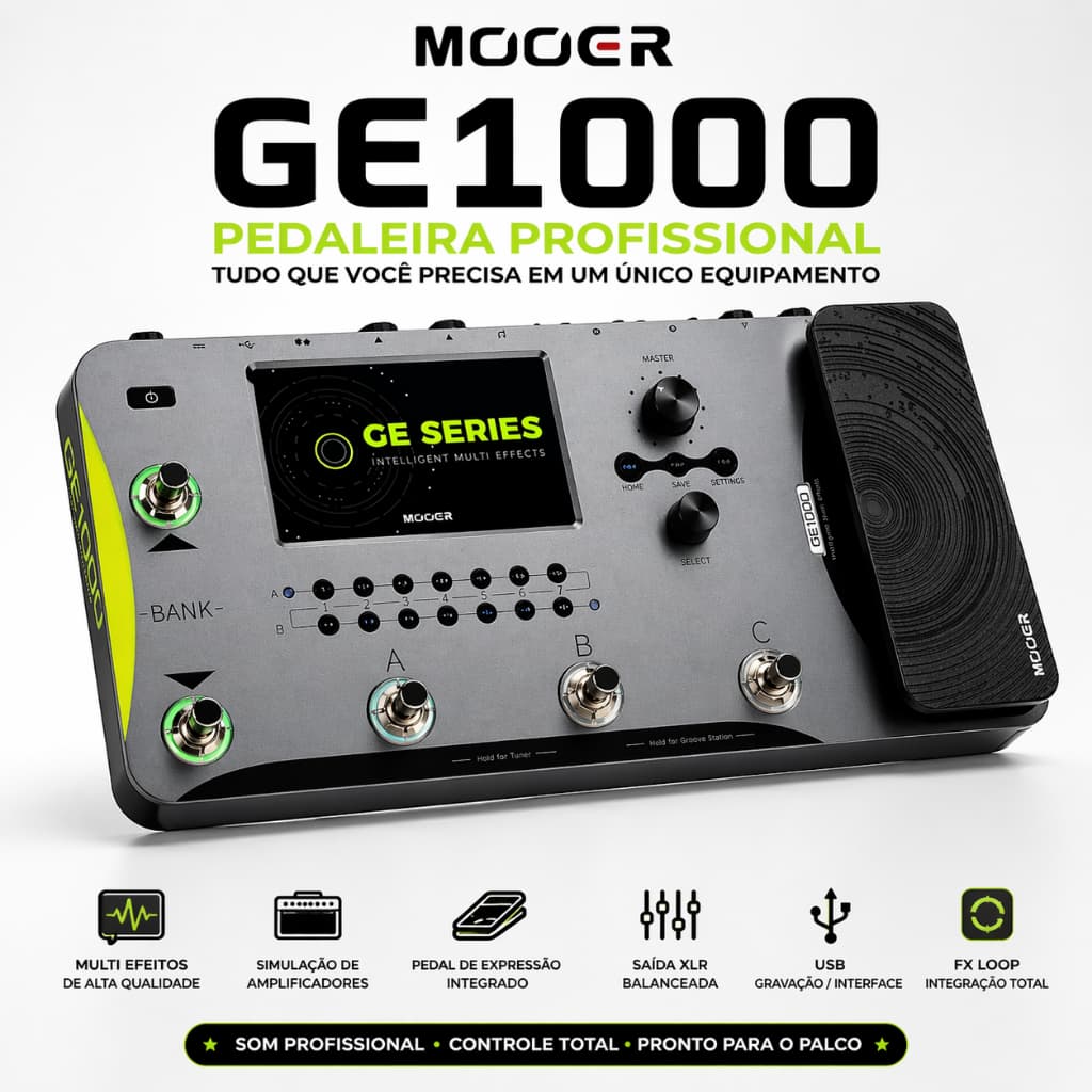 Pedaleira GE1000 Multi Efeitos Profissional c/Pedal Expressão,Tela LCD,Simulação de Amplificadores,IR,Loop, USB e Saída