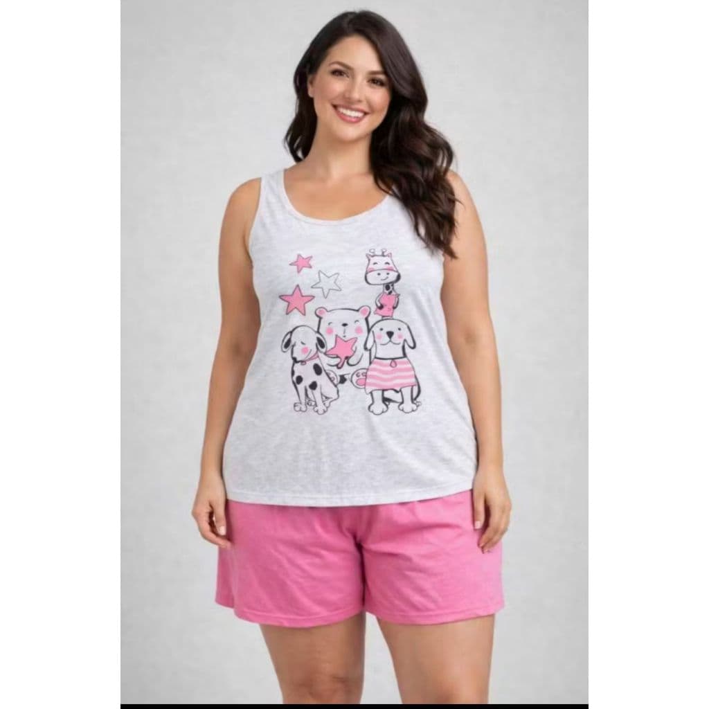 Pijama Baby Doll Regata Plus Size Raposa Malha Leve e Confortável