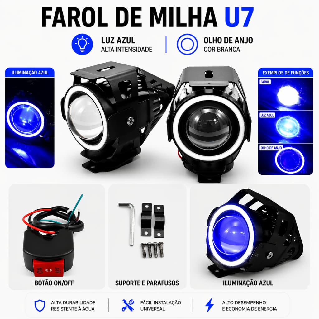 Kit 2 Farol de Milha U7 Grande Olho Anjo Led Azul Universal Angel Eye Carro Moto Strobo Com Punho Interruptor