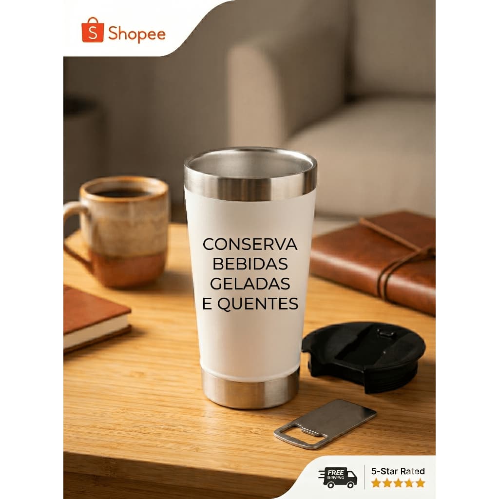 Copo Térmico Inox com TAMPA e ABRIDOR (473 ml) - Branco
